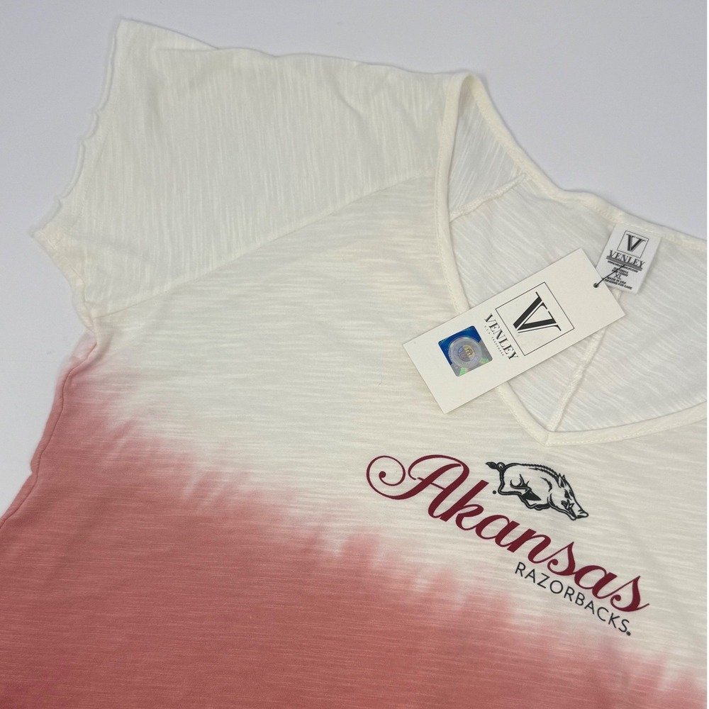 Venley Arkansas Razorbacks Womens XL Crimson Dip Dye Slub V-Neck Tee NWT